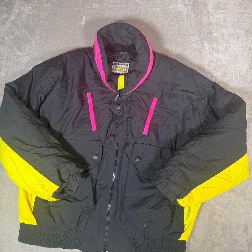 Vintage 90s Tyrolia by Head Neon Ski Jacket Windbreaker Black Pink Yellow Men L